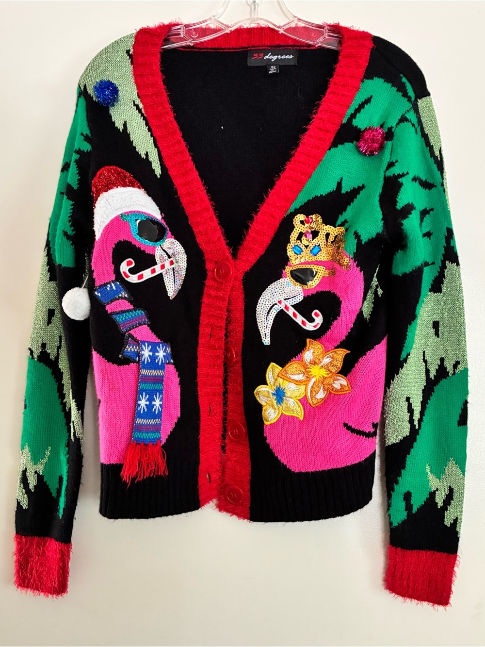 33 Degrees Women’s XS Ugly Christmas Flamingo Sequin V-Neck Button Sweater